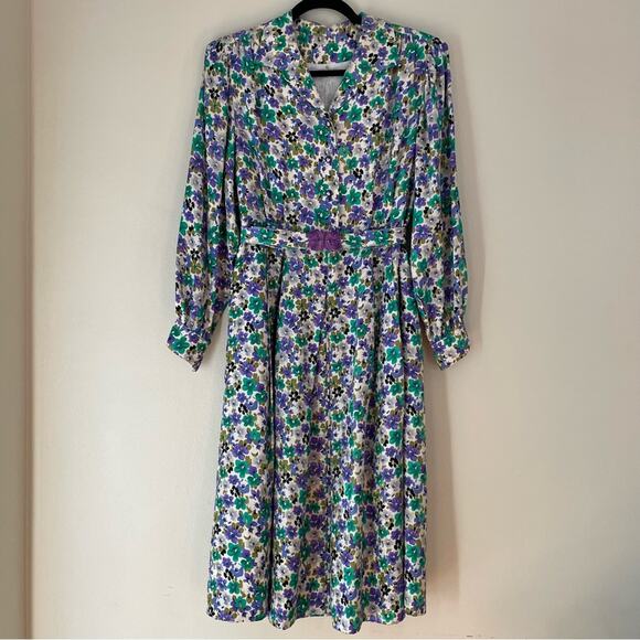 Vintage Floral Long Sleeve Midi Dress Tea Secretary Modest Belted Purple Green - Picture 1 of 16